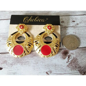 XL Perfect Condition Bold Vintage 1980s Red & Gold Statement Earrings